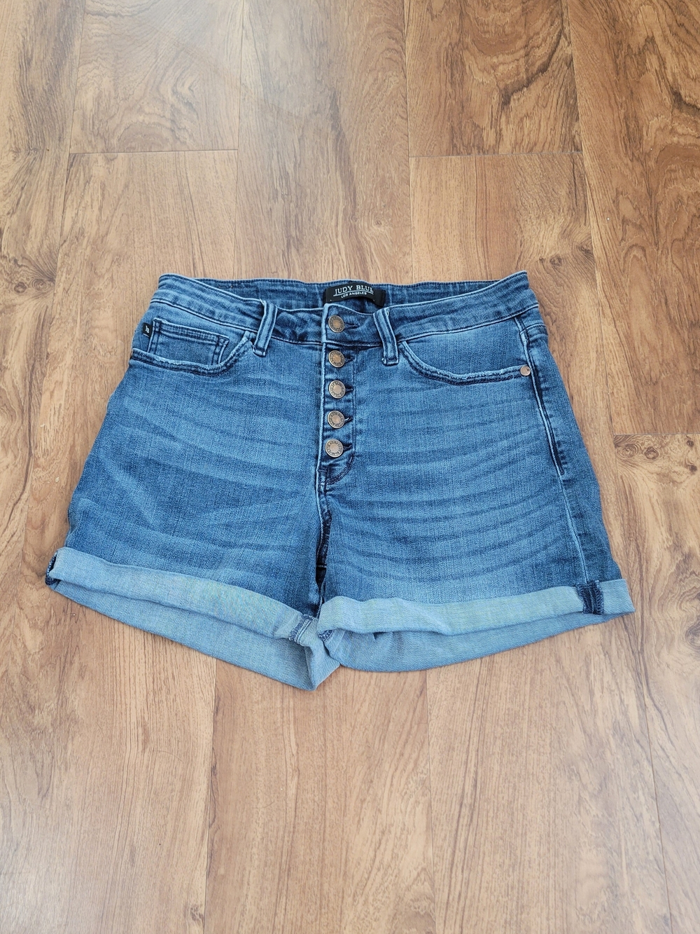 Judy Blue Button Fly Rolled Hem Jean Shorts - Blue